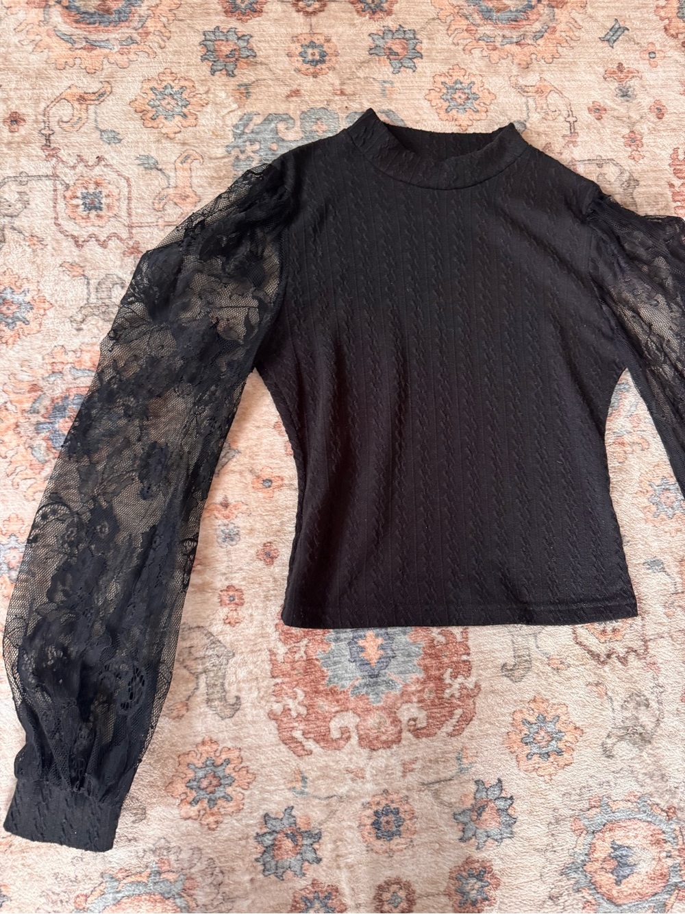 Black Mock Neck Top Sheer Lace Bishop Sleeves Cable Knit Medium